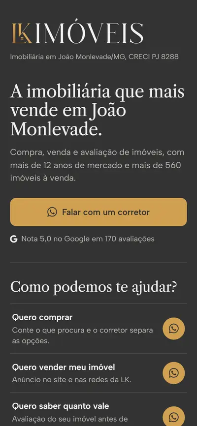 Página da LK Imóveis, imobiliária