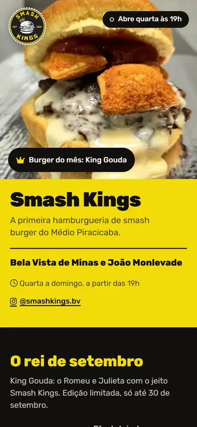 Página da Smash Kings: um smash burger com queijo derretido e o nome da hamburgueria em fundo amarelo